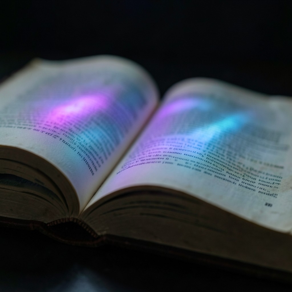 Open dictionary pages with glowing highlighted terms in purple and blue gradient light