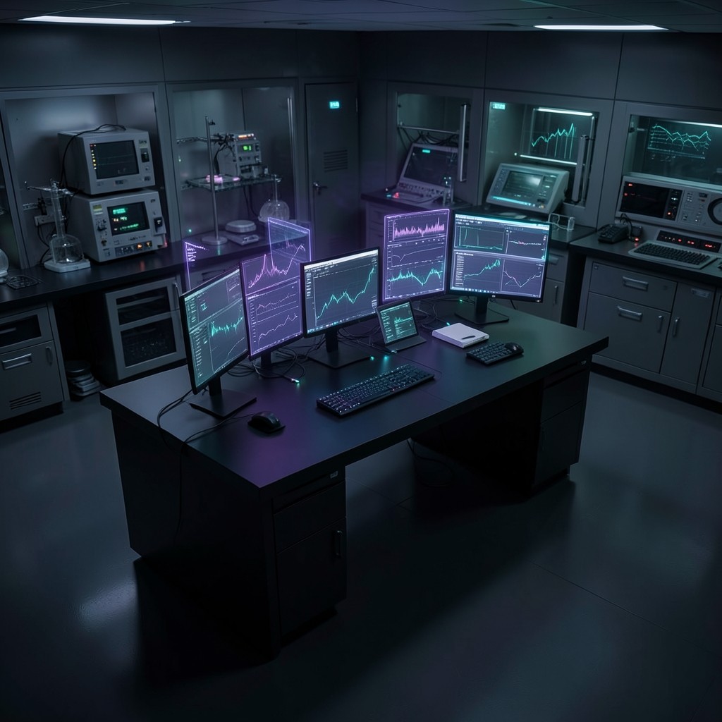 Research laboratory desk with charts graphs and glowing data visualizations in dark ambient light