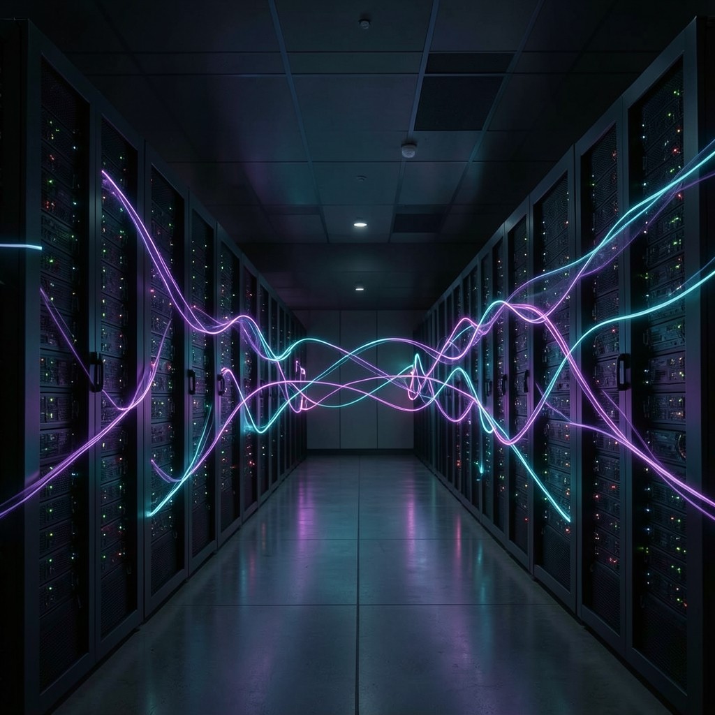 Row of server racks with flowing gradient energy lines representing validator infrastructure