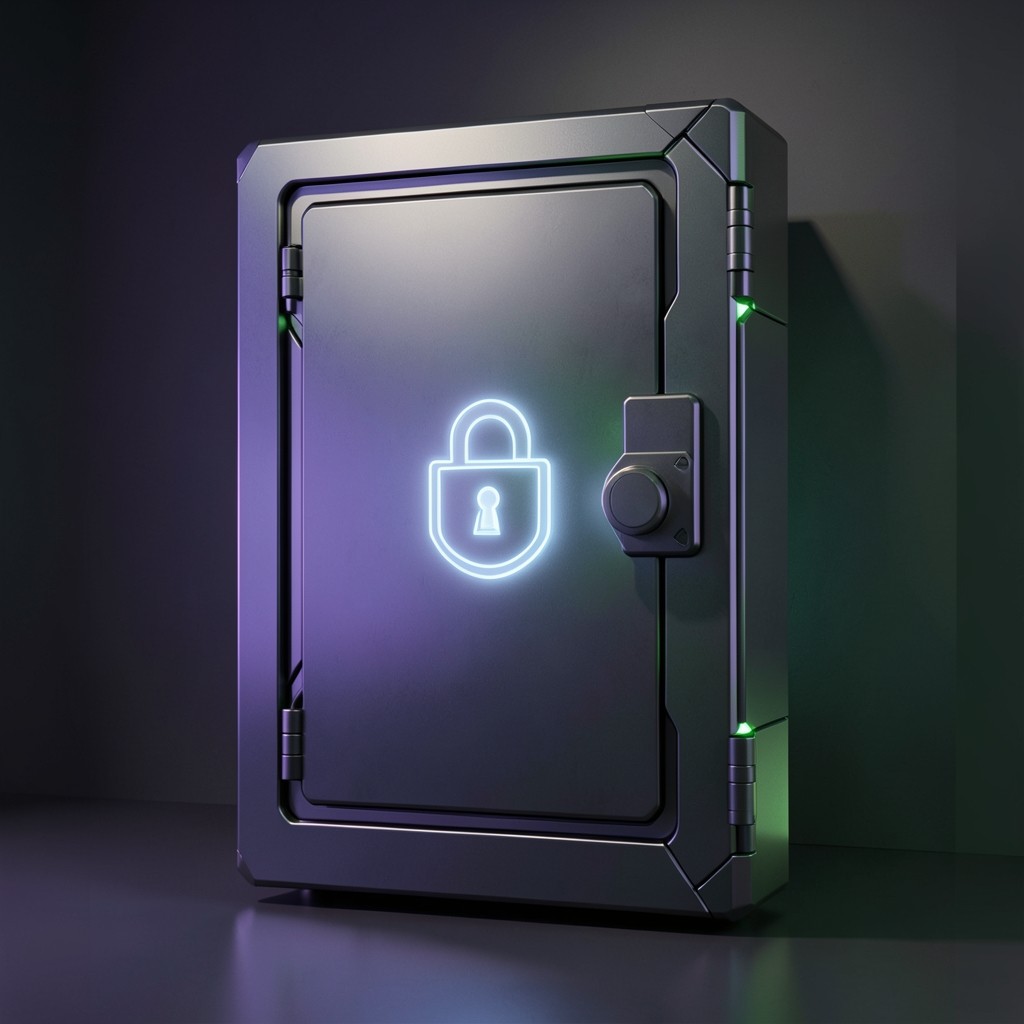 Secure digital vault concept with glowing lock symbol in purple and green tones