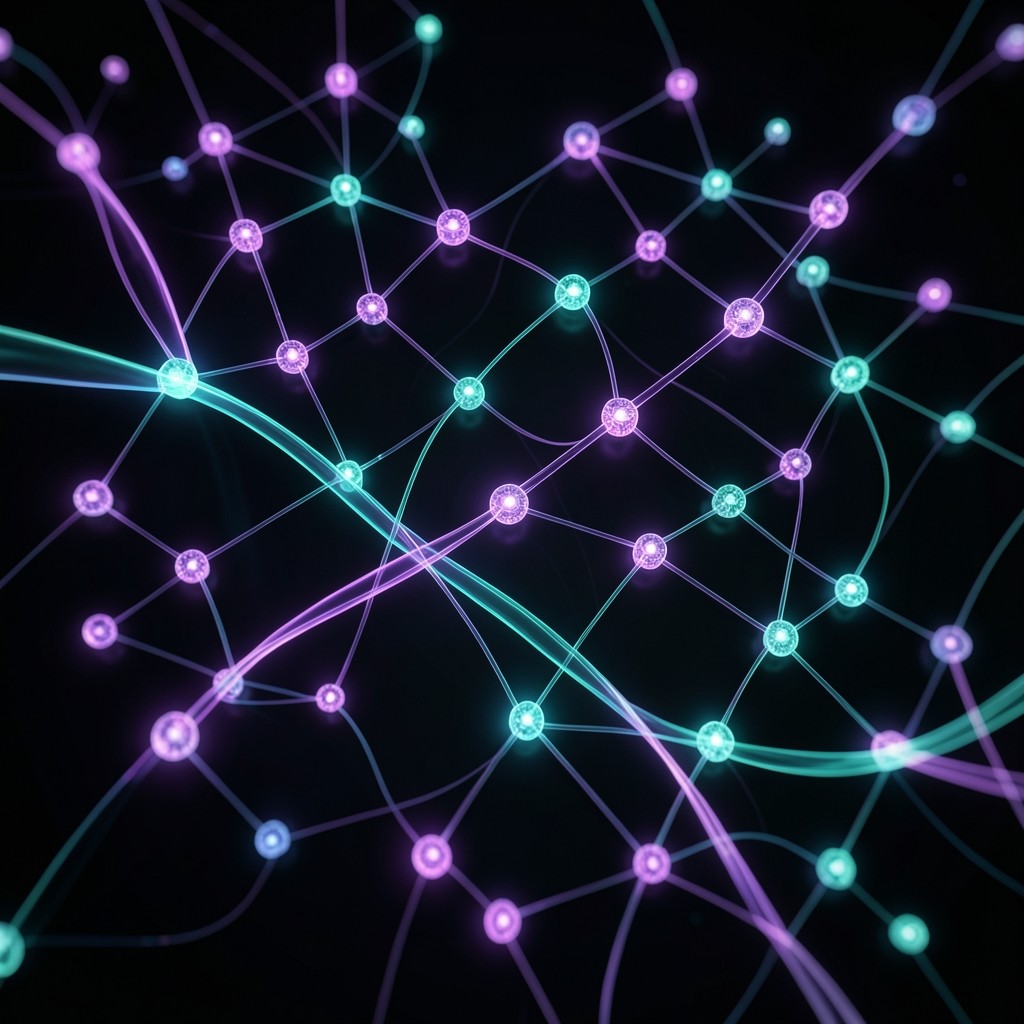 Abstract visualization of interconnected nodes with purple and teal gradient light streams