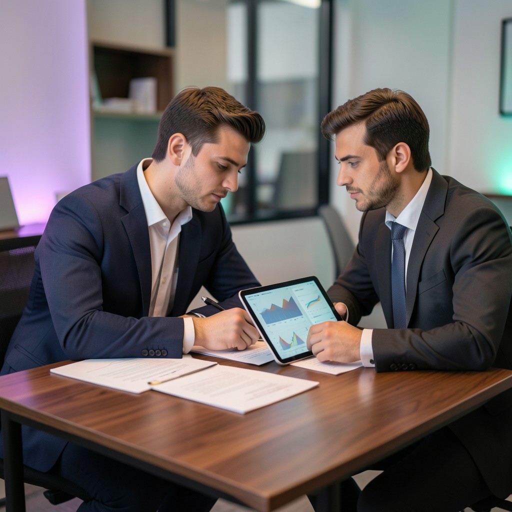 Two people reviewing documents at a desk with soft purple and green ambient lighting