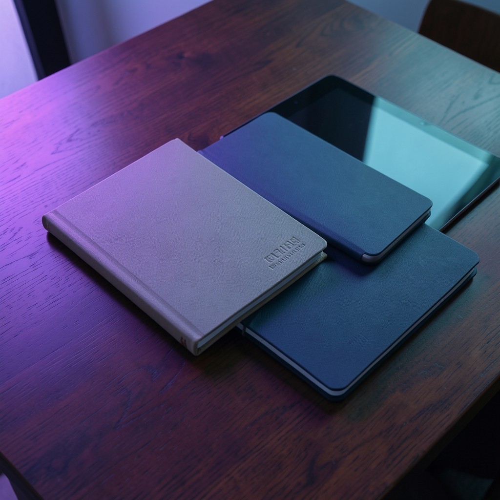 Organised stack of research papers and digital tablets on a dark wooden desk with gradient lighting