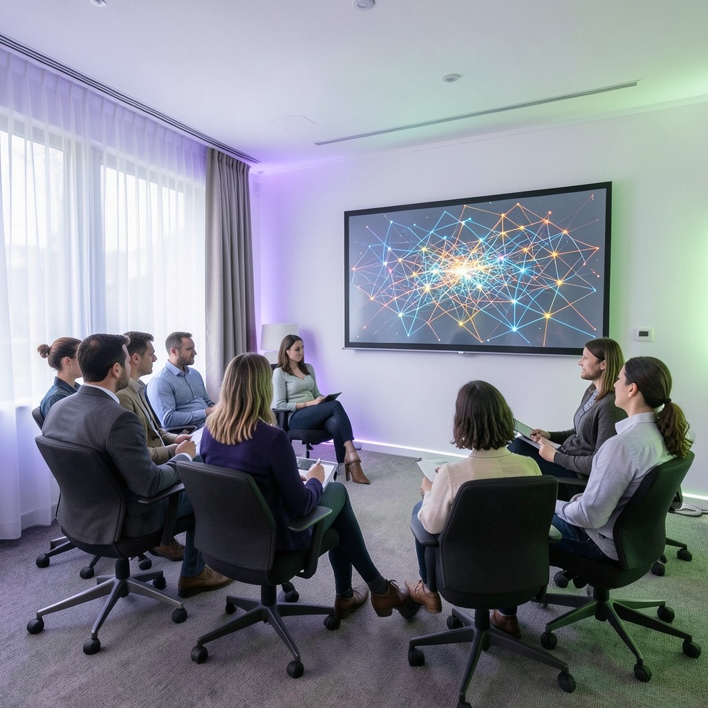 Small group seated in a seminar room with a presentation screen showing abstract network diagrams